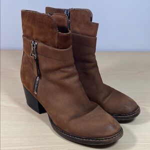 Miz Mooz Brown Ankle Boots with Side Zipper and Stacked Heel